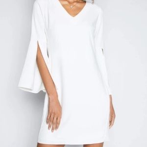 Amanda Uprichard White V-Neck Midi Dress with Cape Sleeves